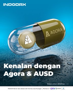 The image is a promotional graphic by INDODAX featuring a transparent capsule containing a gold coin and a golden pill marked with the "AGORA" logo, set against a blue water-droplet background. The text reads "Kenalan dengan Agora & AUSD" (Get to know Agora & AUSD) along with a prompt to "Swipe untuk detailnya" (Swipe for details), visually introducing Agora's AUSD stablecoin as referenced in the accompanying post.