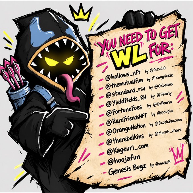 A cartoonish hooded creature with sharp teeth and glowing yellow eyes holds up a scroll listing NFT projects to get whitelist (WL) access for, including @hollows_nft by @0itsali0, @themutualfun by @Kingpickle, and @standard_rsv by @0xbeans, among others. The image visually reinforces the post's recommendations for securing whitelist spots across multiple featured NFT collections.