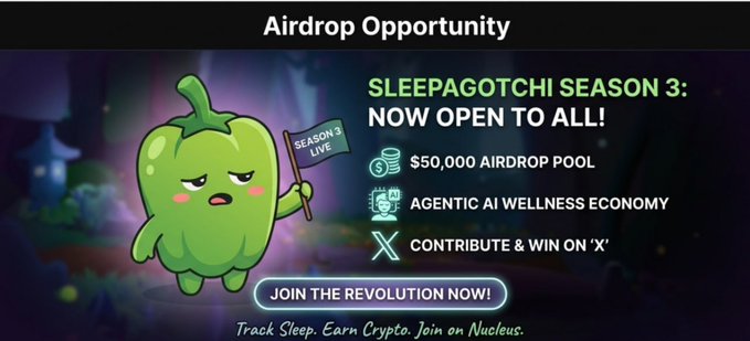 A promotional banner advertises the "Sleepagotchi Season 3" airdrop, featuring a green bell pepper-like mascot holding a "Season 3 Live" flag, with details highlighting a $50,000 airdrop pool, the "Agentic AI Wellness Economy," and an invitation to contribute on 'X', all centered around the tagline "Track Sleep. Earn Crypto. Join on Nucleus."