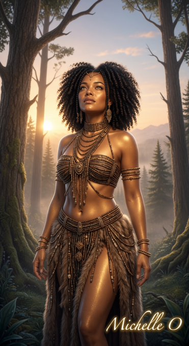 A digital illustration of a woman with dark skin and braided hair wearing ornate tribal jewelry and a fur skirt, standing in a sunlit forest, signed 'Michelle O' at the bottom.