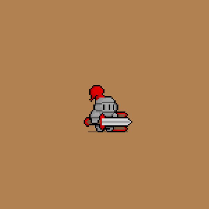 Pixel-art animation of a small knight in silver armor with a red-plumed helmet holding a sword, set against a brown background.