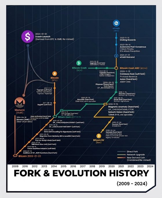 A detailed 'FORK & EVOLUTION HISTORY (2009 - 2024)' infographic showing the lineage of cryptocurrencies including Bitcoin, Bitcoin Cash, Monero, and eCash.