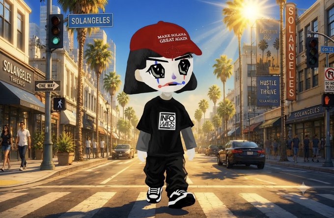 The image features a cartoon character walking down a street, wearing a red baseball cap with "Make America Great Again" written on it. The character appears to be a young boy or girl dressed in black clothing. In the background of the image, there are several buildings and traffic lights visible along the street. The post that accompanies this image reads: "gm to the city of solana".