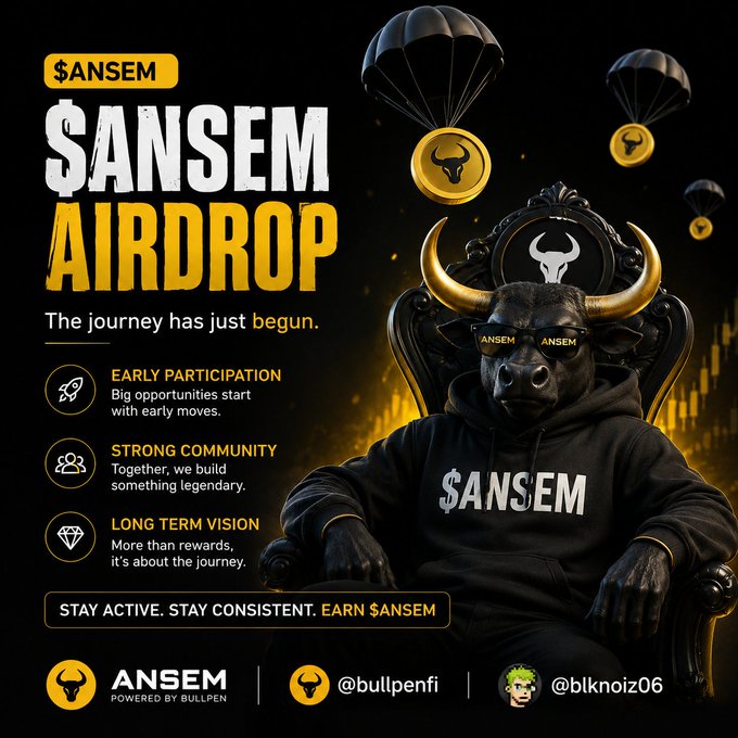 A promotional graphic for '$ANSEM AIRDROP' featuring a bull-headed figure in a '$ANSEM' hoodie seated on a throne, with text about early participation, community, and long-term vision.