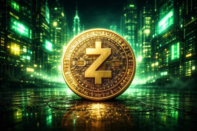 A golden Zcash (ZEC) coin featuring the letter "Z" sits prominently against a neon-lit cyberpunk cityscape, symbolizing the cryptocurrency at the center of news about its Ironwood upgrade and recent counterfeiting bug.