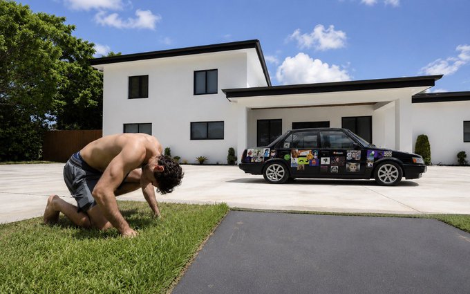 A shirtless man crouches on the grass of a driveway next to a custom hatchback car covered in meme-themed stickers, parked in front of a modern white house. The scene appears to be a staged "spotted in the wild" moment for the $TCAR meme coin, blending crypto culture humor with the absurd imagery of someone seemingly stalking or admiring the stickered car.