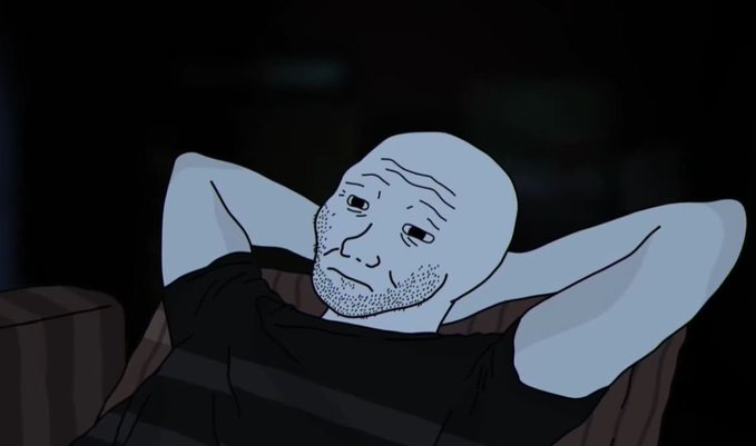 Animated Wojak-style meme character lying in bed with hands behind his head in a contemplative or troubled pose.