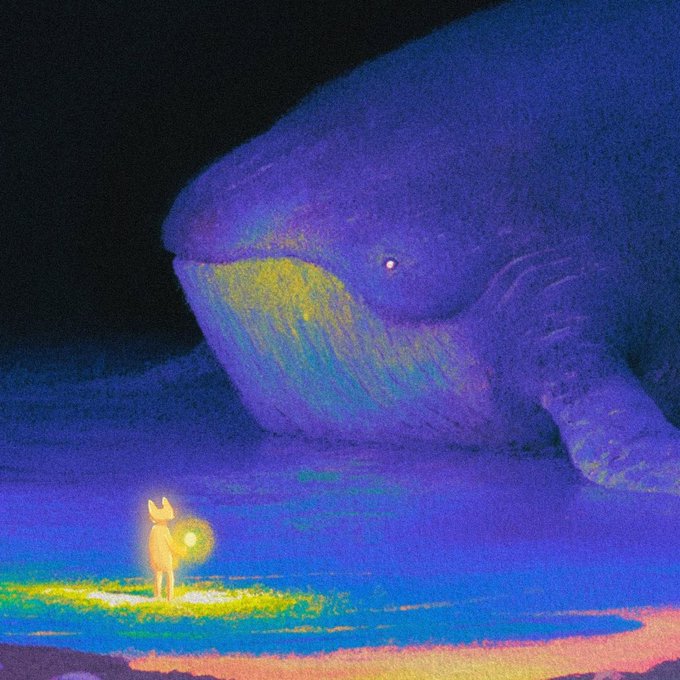 A dreamy, painterly digital artwork depicting a tiny glowing figure holding a light orb, standing before a massive purple whale-like creature in a misty, ethereal blue and purple landscape.