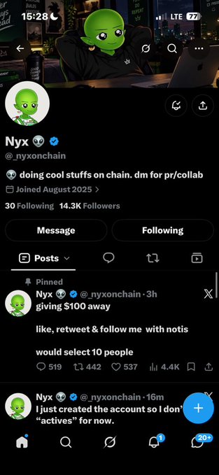 A Twitter/X profile for 'Nyx' (@nyxonchain) with bio 'doing cool stuffs on chain. dm for pr/collab', showing a pinned giveaway post of '$100 away' and a new account announcement.