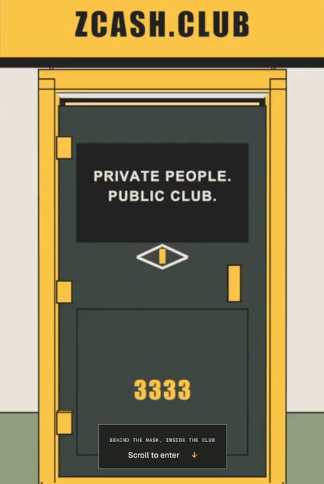 An illustrated yellow door with the header "Zcash.club" features the text "PRIVATE PEOPLE. PUBLIC CLUB." on its window, with "3333" and "Behind the mask, inside the club" displayed near the bottom.