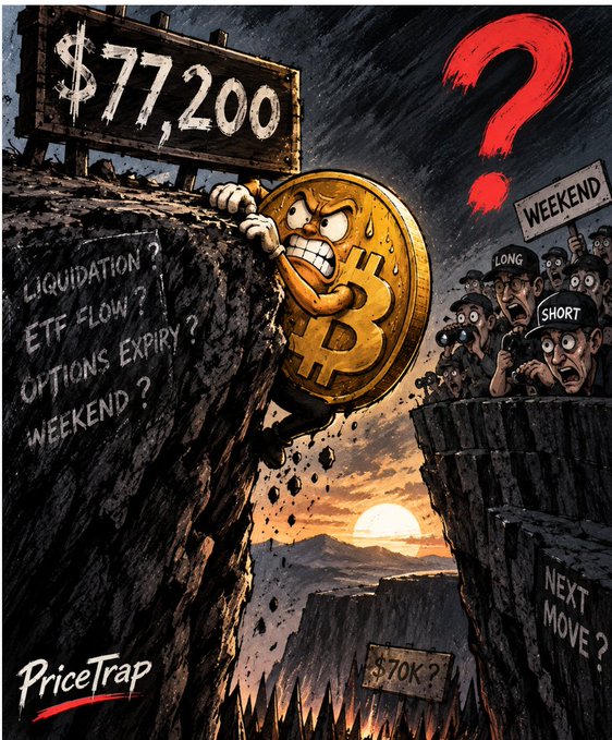 A dramatic cartoon illustration showing an anthropomorphic Bitcoin coin clinging desperately to a cliff edge above a chasm, with signs reading '$77,200' and '$70K?', while worried traders labeled 'LONG' and 'SHORT' look on with a 'WEEKEND' sign, questioning 'LIQUIDATION? ETF FLOW? OPTIONS EXPIRY? WEEKEND?' (PriceTrap watermark).