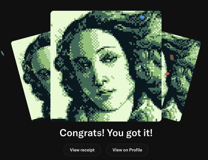A digital receipt or confirmation screen shows a pixelated, green-toned portrait of a person with the text "Congrats! You got it!" along with buttons for "View receipt" and "View on Profile".