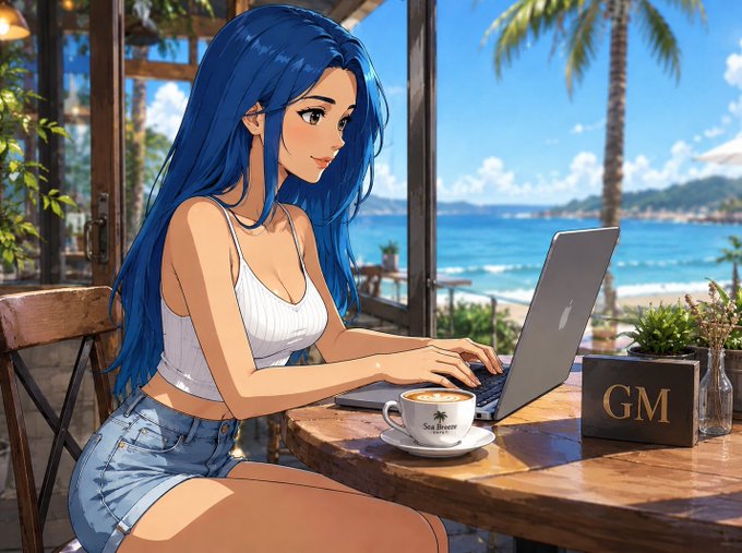 An anime-style illustration shows a blue-haired young woman working on a MacBook at a beachside café, with a "GM" sign visible on the table—matching the post's "GM" crypto greeting and reinforcing the theme of someone successfully earning money (claimed $2,000 in NVIDIA rewards) from a relaxed, aspirational setting.