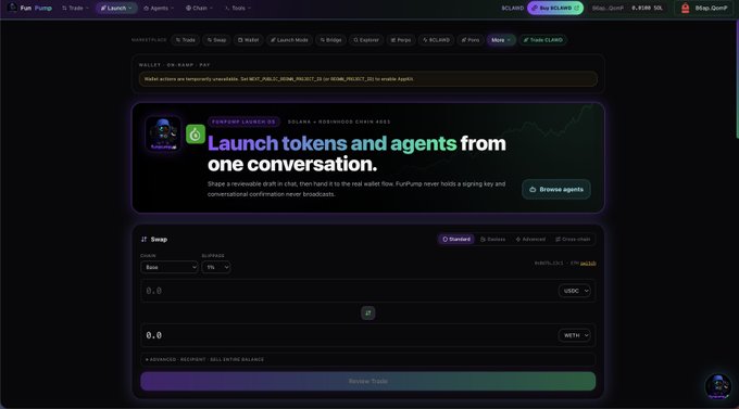 The FunPump platform interface displays a swap section featuring the headline 'Launch tokens and agents from one conversation.'