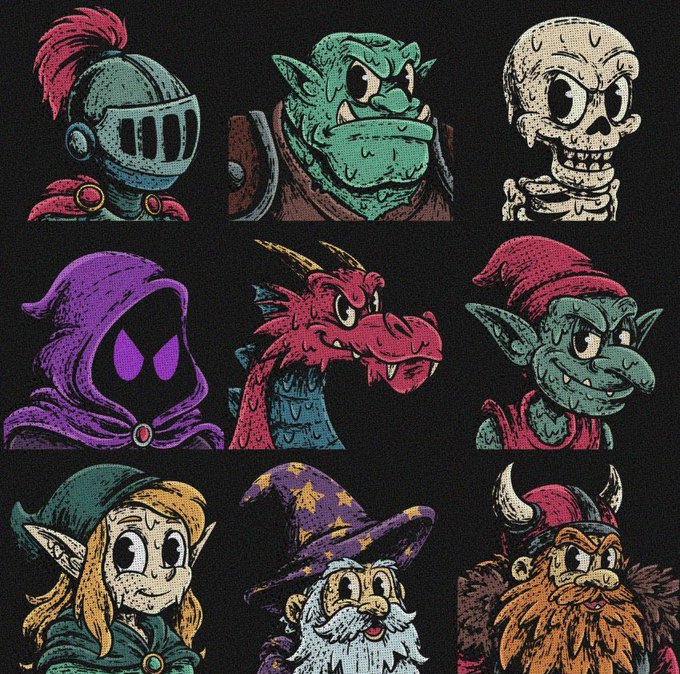 The image showcases nine hand-drawn fantasy character classes—knight, orc, undead, ghost, dragon, goblin, elf, wizard, and dwarf—rendered in a textured, comic-book style on a dark background. This artwork visually represents the character roster teased in the @GuildGrime NFT project, illustrating the medieval-fantasy classes that will likely be featured in the upcoming Ethereum raffle.