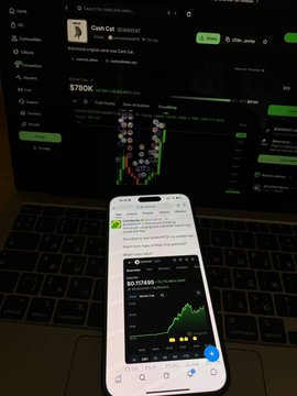 A smartphone displaying a trading chart for Cash App stock ($780K) rests on a laptop keyboard, both screens showing financial market data.