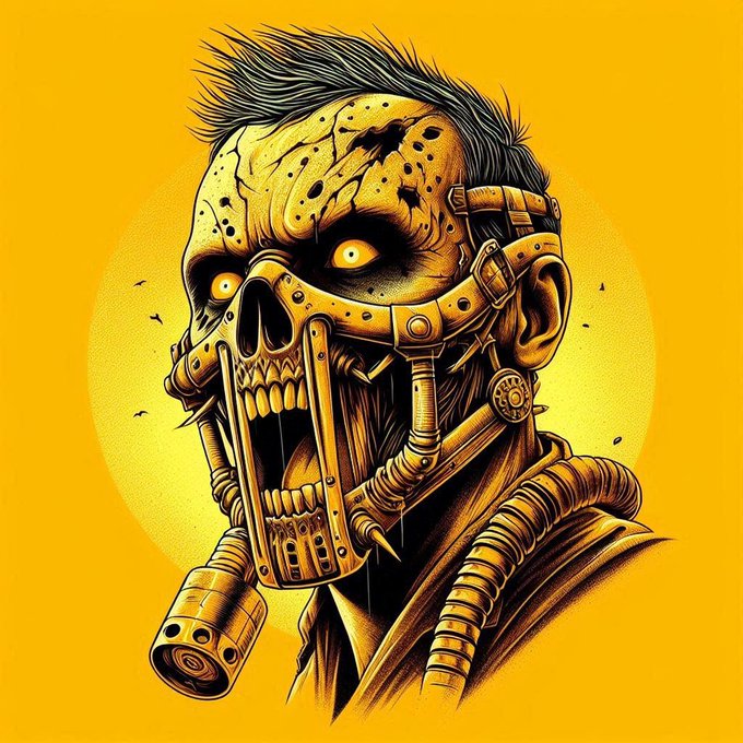 A stylized illustration of a menacing skull-faced character with metal jaw apparatus, screaming, rendered in yellow and black tones.