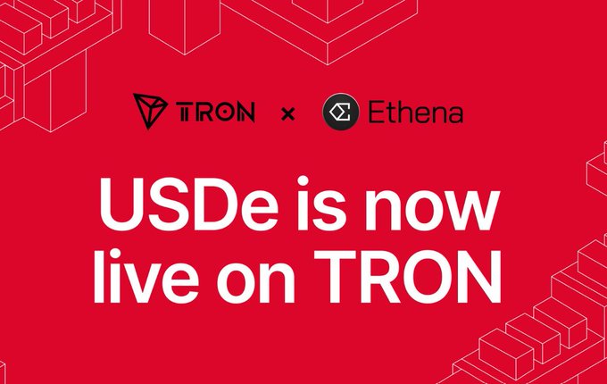A red promotional graphic announces that USDe is now live on TRON, featuring the TRON and Ethena logos.