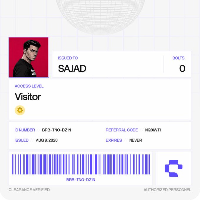 A digital visitor ID card issued to 'SAJAD' with a photo of a man, access level 'Visitor', ID number 'BRB-TNO-DZIN', referral code 'NQ8IWT1', issued August 8, 2026, with 0 bolts and a barcode.