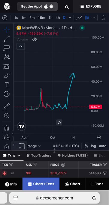 A mobile screenshot from dexscreener.com showing the price chart for the 'Max/WBNB' meme coin, currently priced at 5.57M with a +7.61% change and a hand-drawn blue arrow pointing upward.