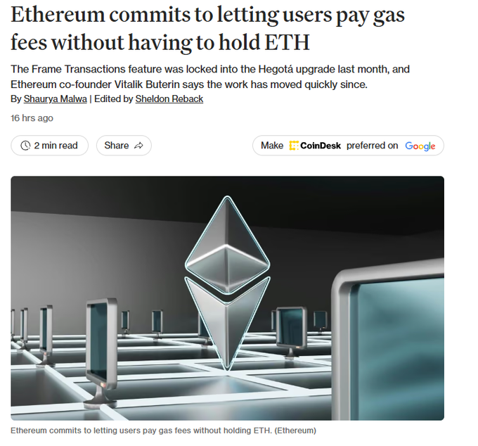 A CoinDesk news article headline reading "Ethereum commits to letting users pay gas fees without having to hold ETH" by Shaurya Malwa, with a 3D Ethereum logo displayed below.