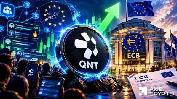 A promotional graphic for QNT (Quant) cryptocurrency, featuring the token's logo superimposed over the European Central Bank (ECB) building and EU flags, with rising price charts in the background and an 'AMB CRYPTO' watermark.