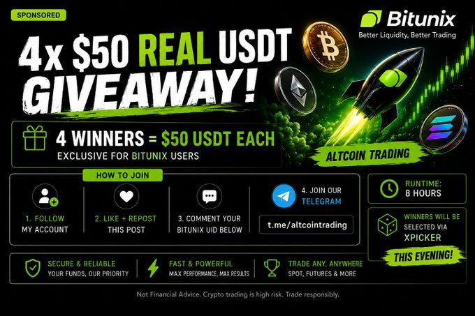 The advertisement for a cryptocurrency mining competition has an eye-catching black background with green accents. The main focus of the image is a graphic design featuring a rocket soaring above a field filled with gold coins, symbolizing wealth and success in the world of cryptocurrency trading. A banner at the top of the post provides details about the contest, including that four winners will receive $50 each for participating in this unique opportunity to join the Bitunix users' group.