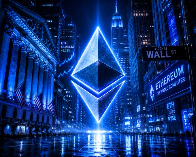 The image features a city street with tall buildings, including some that appear to be financial institutions like Goldman Sachs and Bank of America, along with others that have an electronic symbol near them, suggesting they are involved in cryptocurrency trading or development. The scene also contains text about Bitcoin's dominance and a quote from someone talking about the currency.