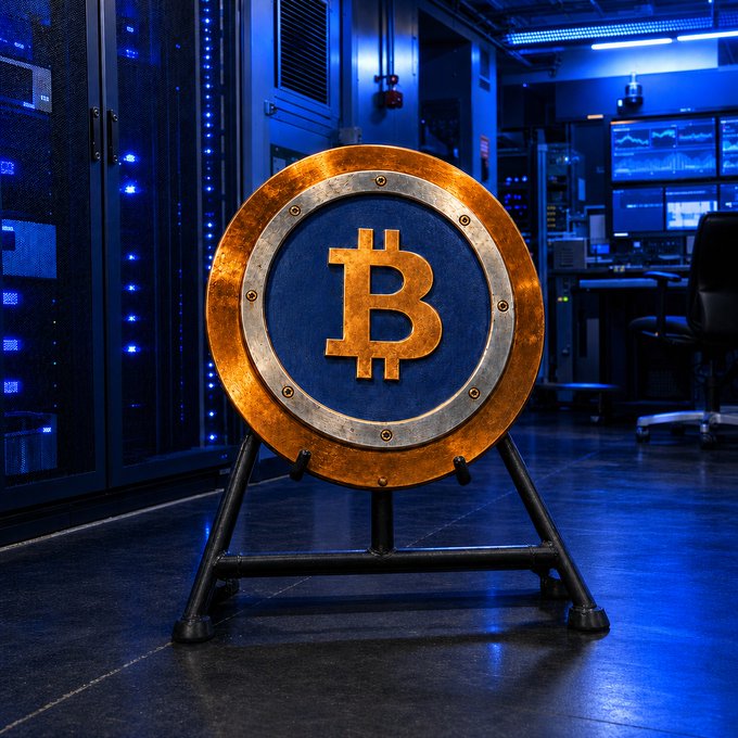 A large golden Bitcoin (₿) coin stands prominently on a metal stand in a high-tech server room filled with glowing blue server racks and monitoring displays. The image visually reinforces the post's message about Bitcoin serving as "your shield against inflation," positioning the cryptocurrency as a strong, fortified asset within the digital infrastructure.