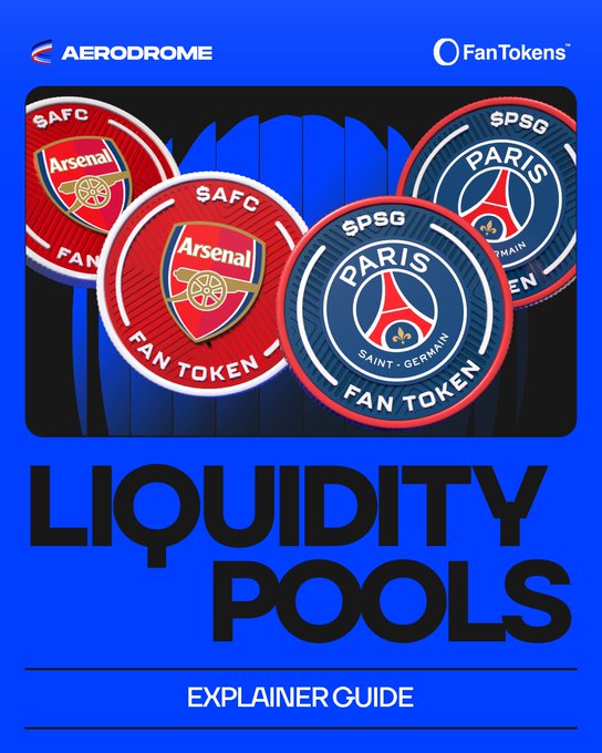 The image features a blue book cover with an illustration of four soccer balls, each representing a different soccer club - Arsenal, Paris Saint Germain, Fan tokens, and San Geronimo. The title "Liquidity Pools" is written in white text at the top of the cover. Below this, there's a smaller white text that reads "Explainer Guide". This guide provides information on how to participate in these liquidity pools.