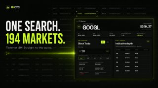 A promotional graphic for a trading platform stating 'ONE SEARCH. 194 MARKETS. Token or ISIN. Straight to the quote,' displaying a dark-themed interface with GOOGL and BlackRock data.