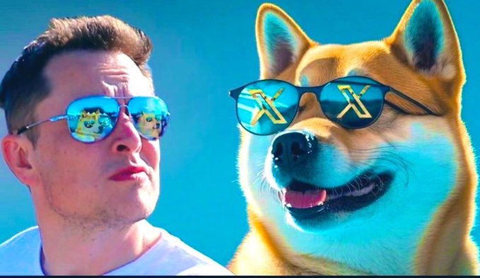A man wearing sunglasses alongside an illustrated Shiba Inu dog, also wearing sunglasses, both appearing cool and stylized against a bright blue background—a fitting visual tribute to the $DOGE community celebrating its "amazing people."