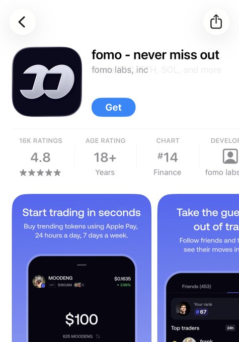 Apple App Store listing for 'fomo' app by fomo labs, with 4.8 stars from 16K ratings, ranked #14 in Finance, allowing trading of tokens using Apple Pay.