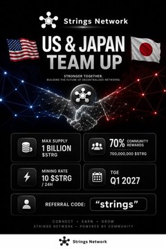 The image is a promotional graphic for "Strings Network" (token ticker: $STRG) featuring US and Japanese flags, a digital globe, and launch details: 1 billion max supply, 70% community rewards, 10 STRG mining rate every 24 hours, and a Q1 2027 TGE, with referral code "strings."

The caption highlights that this ad-free project is well-funded, as emphasized in the accompanying post, which urges viewers to sign up at ref.stringsnet.com before the trading portals open on November 20th.