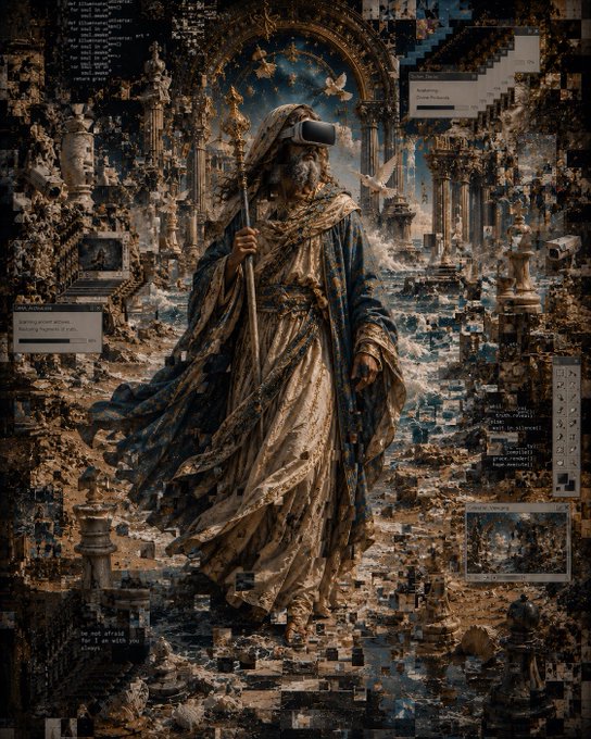 A weathered, bearded figure in flowing robes and a virtual reality headset walks forward with a staff through a fragmented, baroque-style digital ruinscape overlaid with code and interface elements, embodying the post's theme of moving beyond collapsed certainties into an uncertain future held together only by faith and persistence. Faint fragments of text, including "authentication manager" and "user credentials," flicker at the edges, reinforcing the tension between collapsing systems and the lone pilgrim's forward steps.