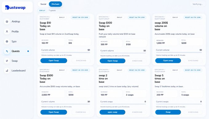 "The top left corner of this screen shows a dashboard with information about an app called Dustswap, which allows users to keep track of their daily checks or airdrops. One button indicates you can no longer claim PP as a daily check-in because it is already completed. However, you can still earn PP through other means such as checking in and inviting friends or completing daily tasks. The rest of the screen displays six distinct pages filled with details about various sweep options like "Today on", "Sawp 300B", "Sawp 100K", "Sawp 900D", and others."