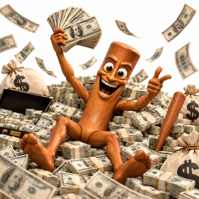 A jubilant wooden Pinocchio-like character sits atop massive piles of $100 bills, joyfully waving a thick stack of cash in one hand and giving a thumbs-up with the other, surrounded by money bags marked with dollar signs and flying bills.

This image reinforces the "Triple T" cryptocurrency announcement by visually symbolizing wealth accumulation and the excitement of earning passive rewards simply by holding tokens, aligning with the message of profiting from long-term investment rather than spending.