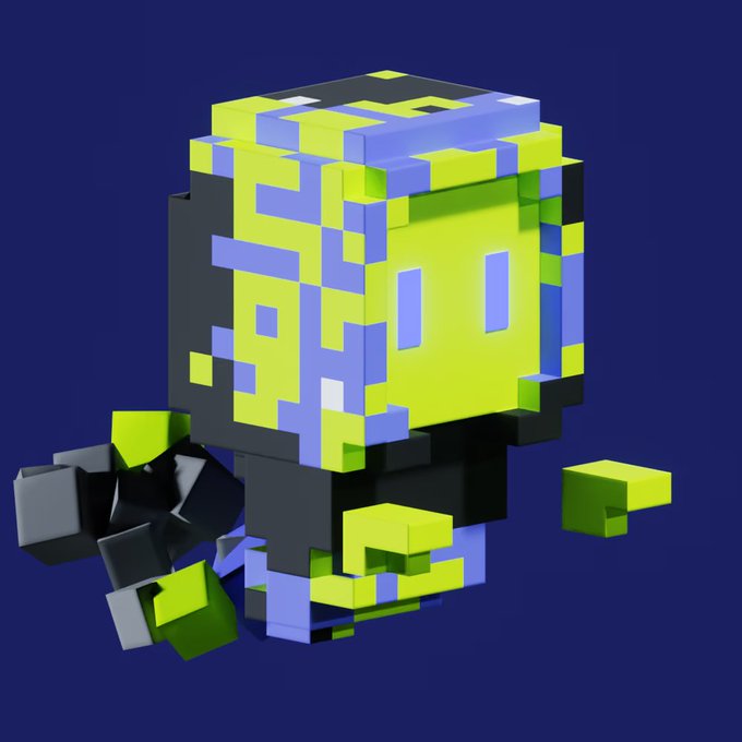 A pixelated, cube-shaped character with a vibrant yellow, purple, and black voxel design floats against a dark blue background, perfectly matching the "Knight NFT" referenced in the celebratory post about minting and staking an NFT for the Nightshades game.