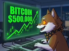 A cartoon illustration of a Shiba Inu dog wearing a spiked collar, sitting at a computer with a green monitor displaying 'BITCOIN $500,000' alongside an upward-trending chart.