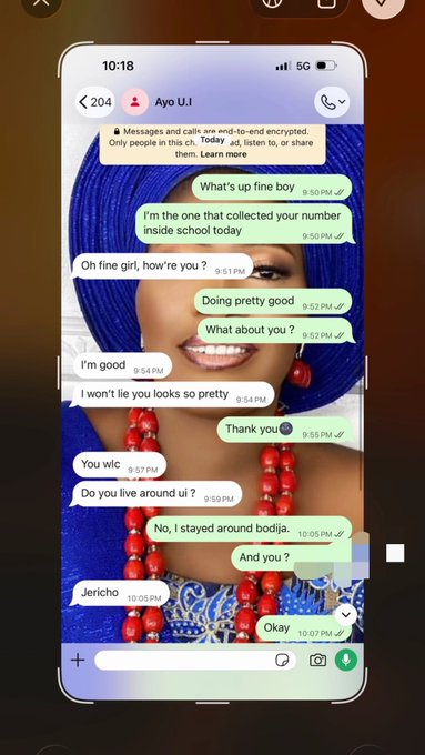 An Instagram-style chat screenshot with 'Ayo U.I' featuring messages like 'I'm the one that collected your number inside school today' and 'You wlc'.