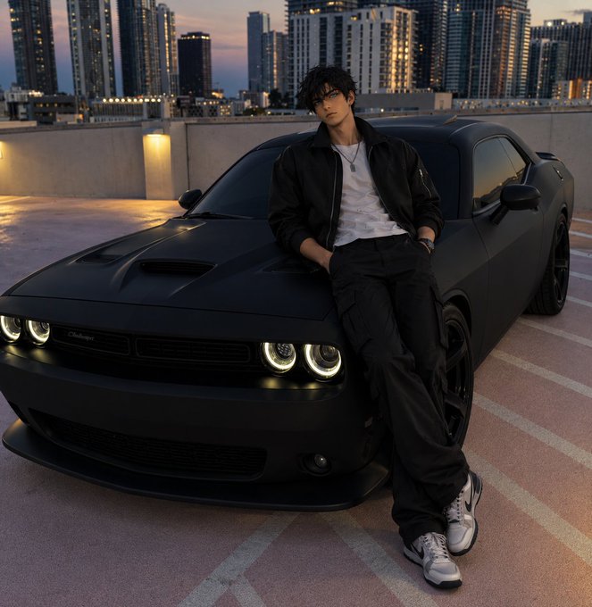 An anime-style illustration of a young man in a black jacket and cargo pants leaning against a matte black Dodge Challenger on a rooftop parking deck overlooking a city skyline at dusk.