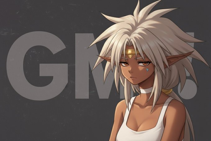 An anime-style illustration of a female character with spiky blonde hair and tanned skin, set against a grey background featuring large, faded letters "GM". The image serves as a visual accompaniment to the greeting "g M Happy new week!" from the accompanying post.