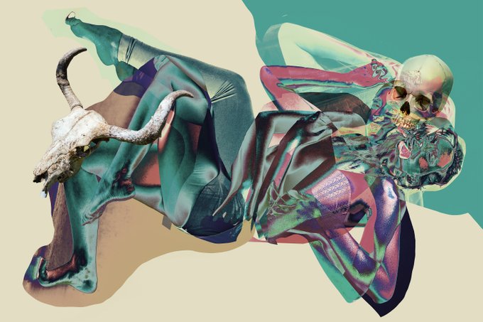 An abstract digital art piece featuring distorted, fluid forms in teal and pink, including a goat skull on the left and a human skull embedded within colorful, morphing shapes on the right.