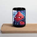 The image features a black mug with a cartoon character design, specifically a red triangle wearing a hoodie and holding an apple. The mug has a blue border around its base, making it stand out against the white background of the photo. The text "@DarkclawAI" is visible in the image, which could be related to the creator or brand behind the mug's design.