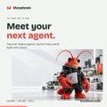 A Manebloc Metaverse webpage banner featuring a red robotic character and the text 'Meet your next agent' alongside options for Explore, Agency, and Watchlist.