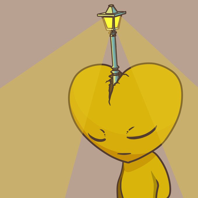 A yellow cartoon heart character with a sad expression has a street lamp piercing through its top.