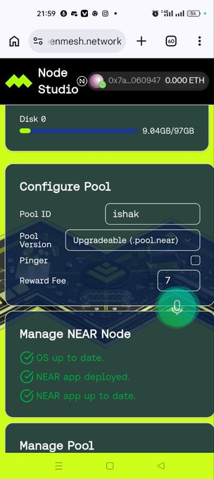 The image shows a phone screen displaying information about managing a pool of cryptocurrency called "ishak" using the NEAR network. The screen has a green background with white text, providing details about the process for setting up and managing the pool. The main focus is on the pool management page, which includes options to update the pool's status or deploy it near users.