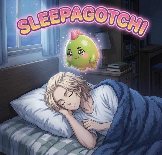 Anime-style artwork featuring a sleeping blonde character under a blue blanket with a cute green creature hovering above, titled "SLEEPAGOTCHI".
