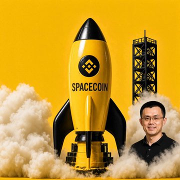 A promotional graphic featuring a yellow rocket ship with 'SPACECOIN' text and logo, alongside an image of an Asian man wearing glasses, set against a yellow background with a launch tower.