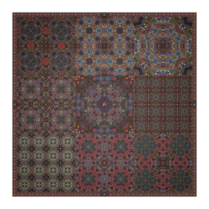 The image showcases a vibrant patchwork of nine intricate kaleidoscopic patterns arranged in a 3x3 grid, each tile featuring symmetrical, mandala-like designs in rich jewel tones of blue, red, orange, and green, enclosed by a decorative checkered border. It exemplifies the "Patterns Of Thought" digital expressionist collection, translating the visual language of ornate textile art into algorithmic form.